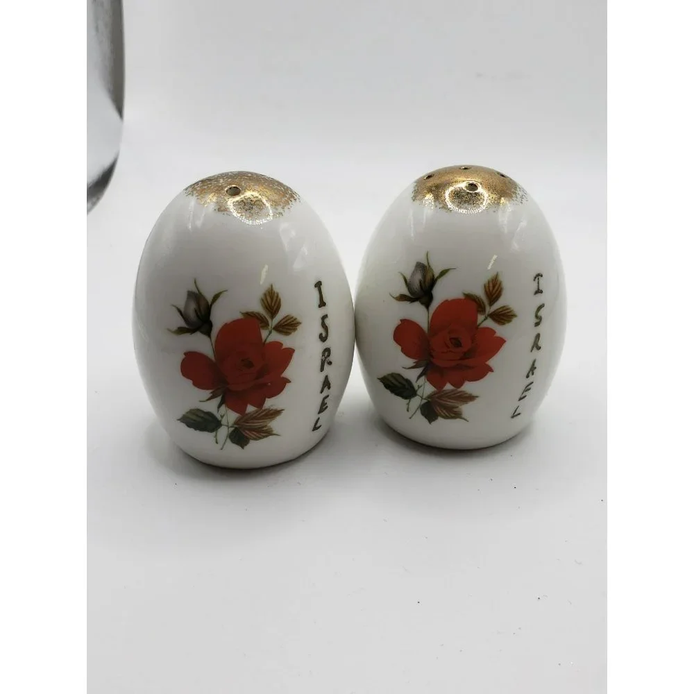 Vintage ISRAEL Signed Porcelain Hand Painted Rose Floral 14k Gold Salt Pepper Sh